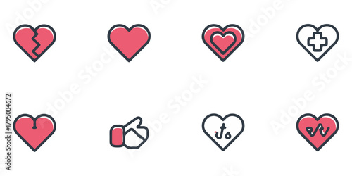 Collection of eight diverse heart icons representing love health and social media engagement