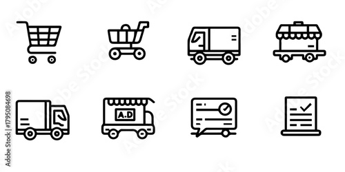 Set of  simple line art icons representing shopping and delivery services