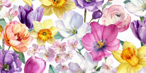 Vibrant watercolor floral pattern with blooming tulips daffodils and roses in pastel spring colors