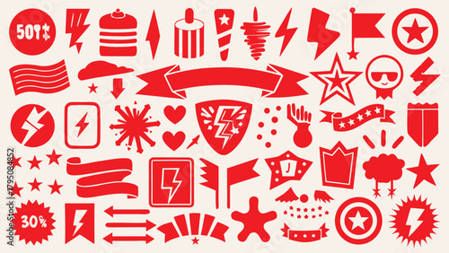 Red paper shapes scattered on a white background, creating a vibrant contrast..eps