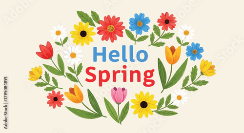 Hello Spring Floral Wreath Illustration with Colorful Flowers and Greenery