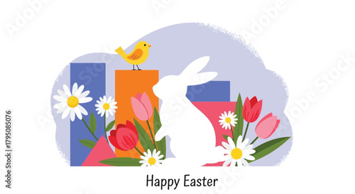 Easter Bunny and Spring Flowers Illustration