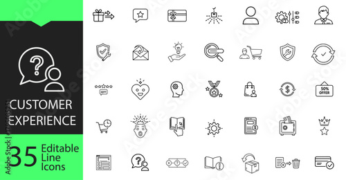 Customer experience line icon set. 35 editable outline symbols for business, support, feedback, e-commerce, delivery, and user satisfaction