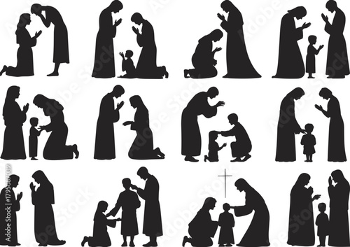 Silhouette of adults and children praying, spiritual guidance, religious family moment, kneeling in faith, peaceful worship, Christian devotion, emotional connection