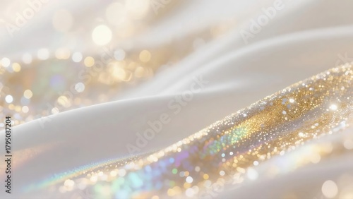 Elegant white satin fabric gently cascades with a mesmerizing shimmer of iridescent gold glitter.