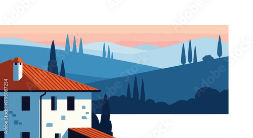 Tranquil Tuscany Rolling Hills and Architecture Illustration