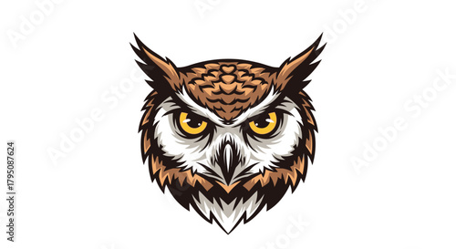 Close-up illustration of a fierce great horned owl's face with piercing yellow eyes and detailed feather patterns.