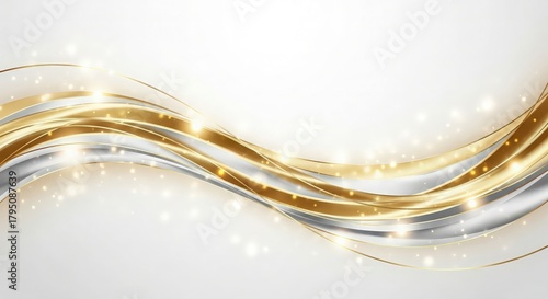 Elegant white background with flowing golden and silver ribbons and sparkling lights effect