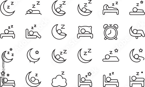 Sleeping daily routine chart for health lifestyle line art icon set. Containing bed, alarm, timer, clock, moon, and sleeping flat black editable vector illustration