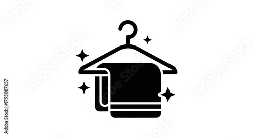 Black and white illustration of a towel hanging on a clothes hanger with stars.