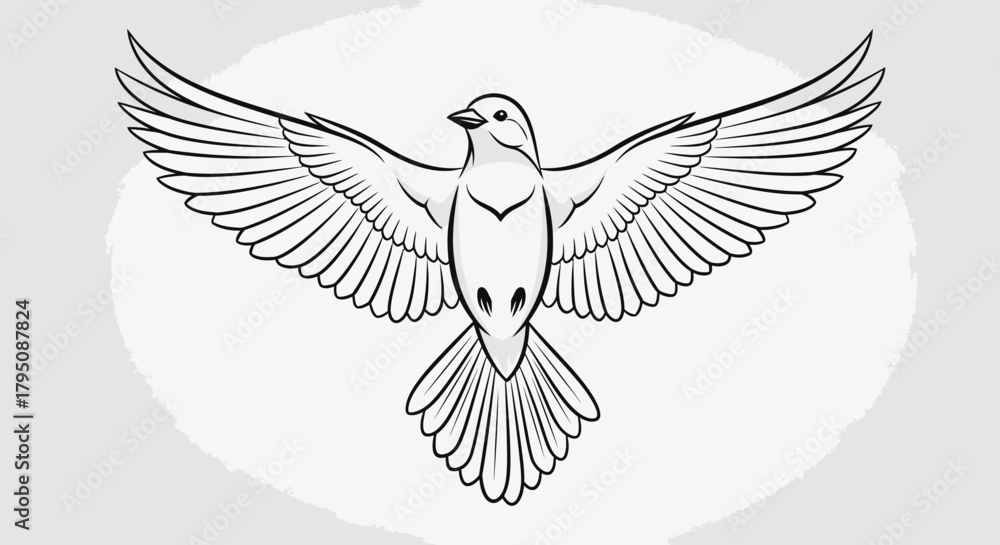 Naklejka premium A symmetrical black and white line art illustration of a bird with its wings fully spread.