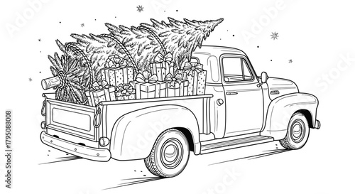 Vintage pickup truck carrying Christmas tree and gifts in its bed, black and white line art.