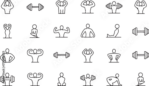Strength training line art icon set. Containing yoga, gym, meditation, body building flat black editable vector illustration