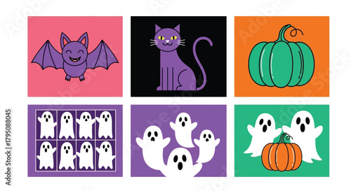 Halloween Spooky Cartoon Icons Set with Bat, Cat, Pumpkin and Ghosts