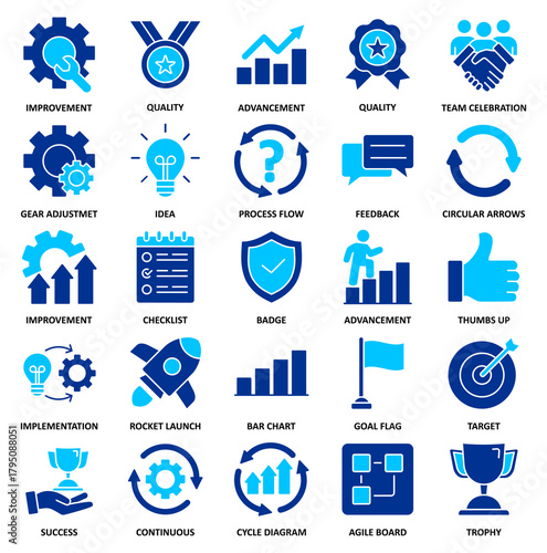 Kaizen Set of 25 thin Duotone icon vector illustration. business philosophy and corporate strategy concept of continuous improvement