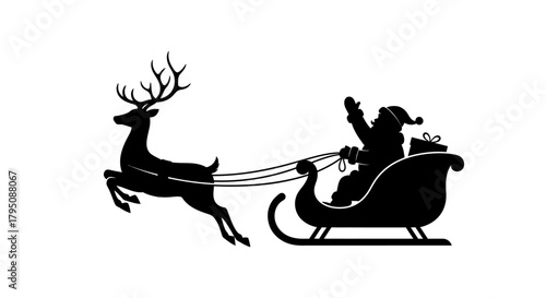 Silhouette of Santa Claus riding a sleigh pulled by a reindeer, delivering gifts during Christmas.