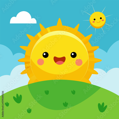 Smiling sun cartoon character shining brightly on a sunny day landscape