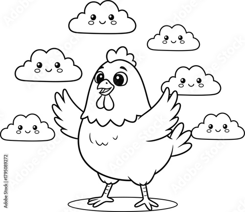 Cute chicken surrounded by smiling clouds coloring page – fun and adorable cartoon farm bird line art for kids and preschoolers