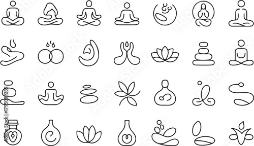 Deep meditation for mental health condition line art icon set. Containing yoga style, silent, quite and stress relief flat black editable vector illustration