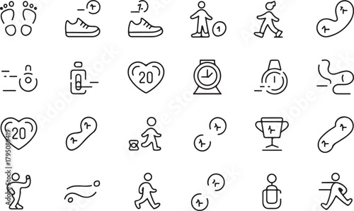 Diet control chart for healthy lifestyle line art icon set. Containing food, drink, timer, clock, alarm, cup, rule and meditation flat black editable vector illustration