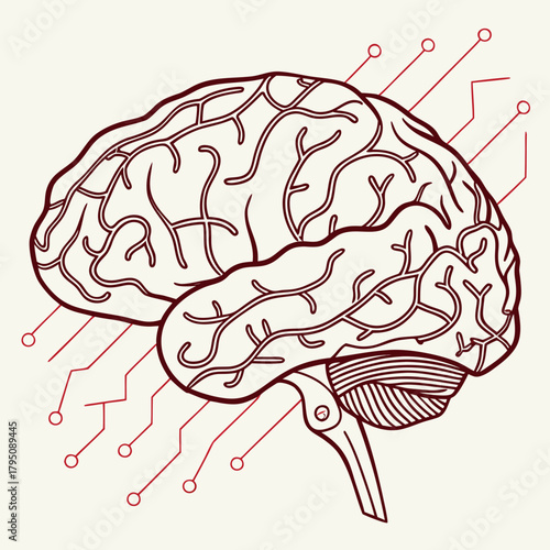 A stylized brain illustration with circuitlike connections, , represents artificial intelligence, neuroscience, and the future of cognitive technology
