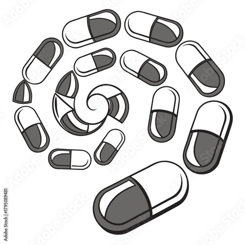 A mesmerizing spiral of black and white capsules, creating a visually striking pattern, a unique representation of medicine and health