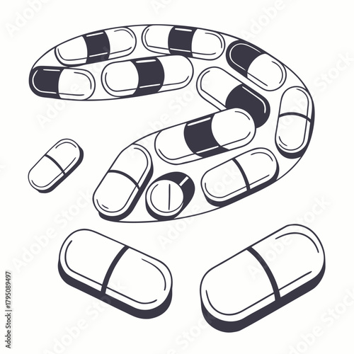 A captivating array of black and white capsules, some neatly arranged in a blister pack, while others are scattered around, a striking visual representation