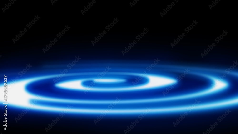 Fototapeta premium Glowing Abstract Blue Concentric Spiral Ripples on Dark Background with Light Reflection and Digital Energy Wave Effect Design