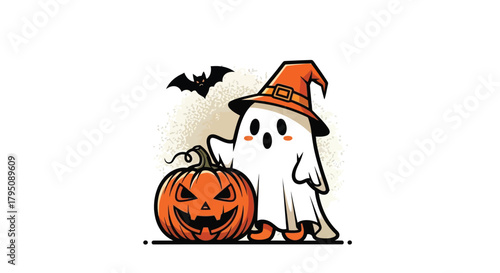 Cute Halloween Ghost with Pumpkin and Bat Cartoon Illustration