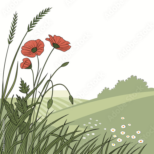 A charming rural scene showcasing vibrant poppy flowers and lush grasses against a backdrop of rolling hills, capturing the essence of a serene countryside