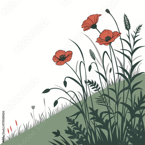 A picturesque landscape featuring vibrant poppy flowers and lush grasses, creating a harmonious blend of colors and textures in a natural setting