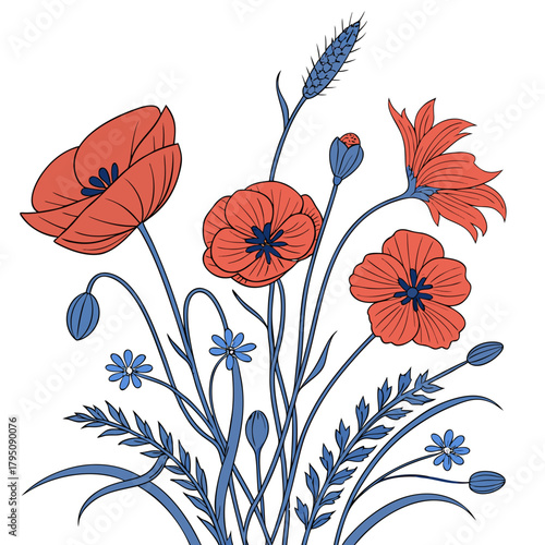 A vibrant bouquet of wildflowers, featuring red poppies, cornflowers, and wheat, all rendered in a charming, handdrawn style with bold outlines and a clean