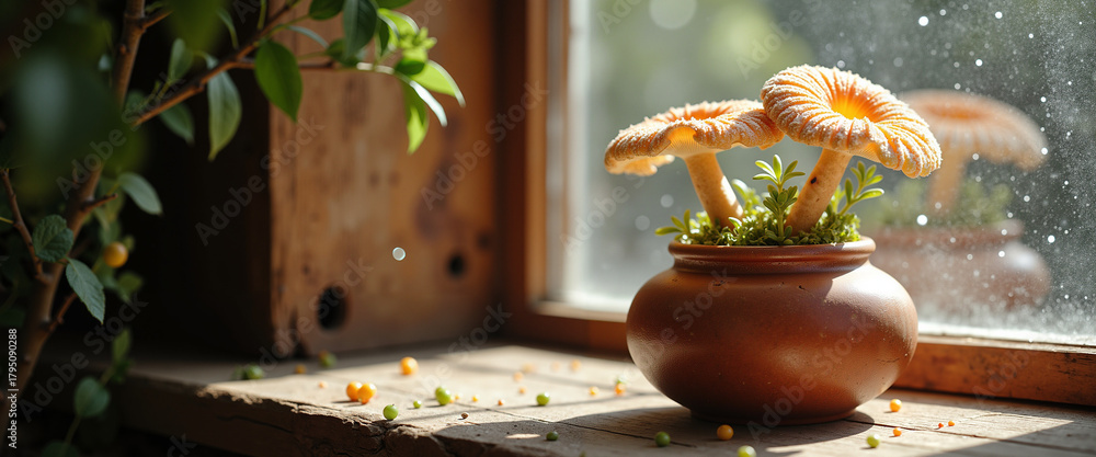 Fototapeta premium Bioluminescent fungi growing in a pot on a windowsill in a greenhouse 