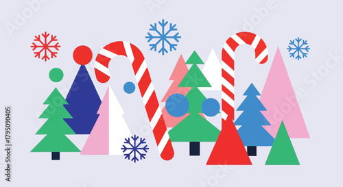 Festive Holiday Decor Candy Canes, Trees, and Snowflakes in Geometric Style