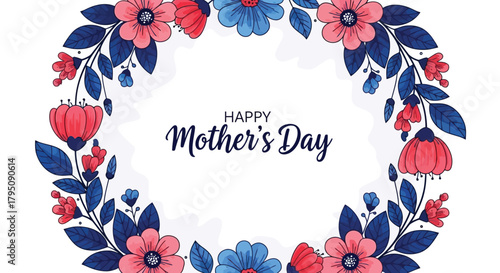 Mother's Day Floral Wreath Illustration with Red and Blue Flowers