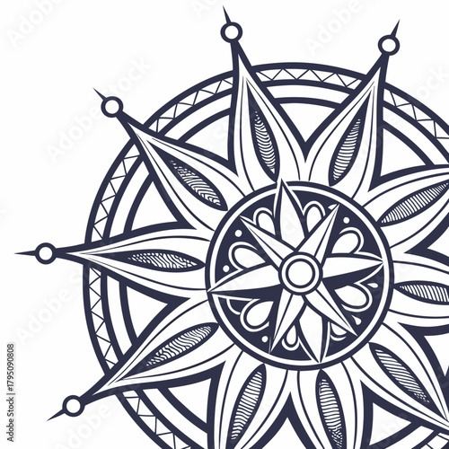 Detailed nautical compass rose illustration, perfect for adding a touch of maritime charm to your designs, evoking a sense of adventure and exploration with its intricate details and classic appeal