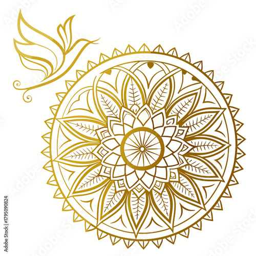 Golden mandala with a flying dove, a symbol of peace and tranquility, perfect for spiritual designs, yoga studios, or meditation centers
