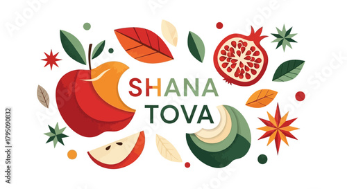 Shana Tova Illustration with Apple, Pomegranate, and Festive Autumnal Elements