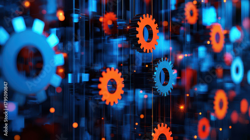 Digital gears in futuristic setting create vibrant visual of technology and innovation, symbolizing progress and efficiency
