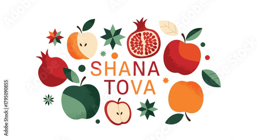Shana Tova greeting card design with apples, pomegranates, and floral elements