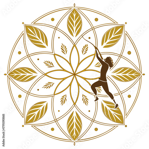 Golden mandala with a silhouette of a female archer drawing back her bow, blending natureinspired design with a dynamic human element