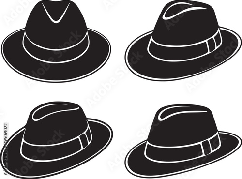 Classic Fedora Hat Silhouette Set Stylish Vintage Head Wear Vector Icons