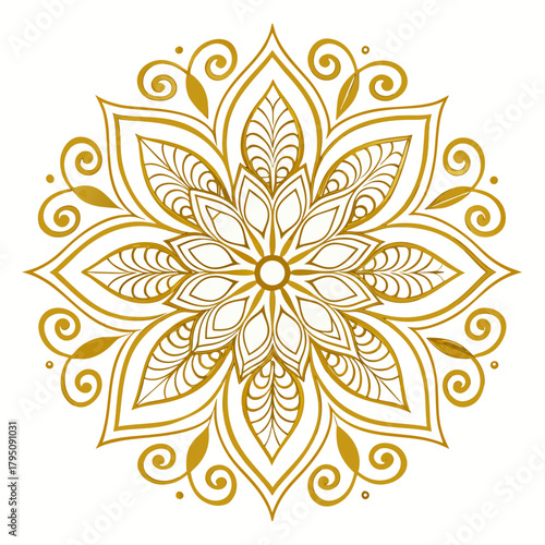 Golden mandala design, featuring intricate floral patterns and swirling motifs, radiating elegance and spiritual harmony in a symmetrical composition