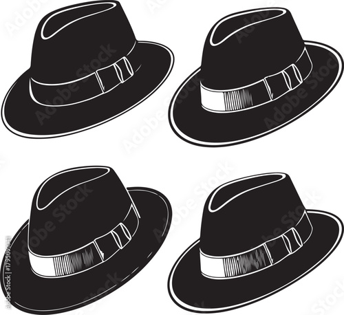 Classic Fedora Hat Silhouette Set Stylish Vintage Head Wear Vector Icons