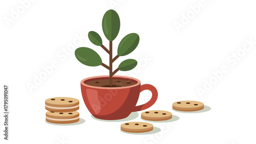 Sweet Treat Delight: A charming illustration depicts a coffee cup doubling as a planter, nurturing a small leafy plant, alongside freshly baked chocolate chip cookies, symbolizing a cozy.