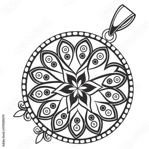 Intricate floral pendant with a unique design, the detailed pattern features stylized petals and decorative elements, creating a captivating and eyecatching piece