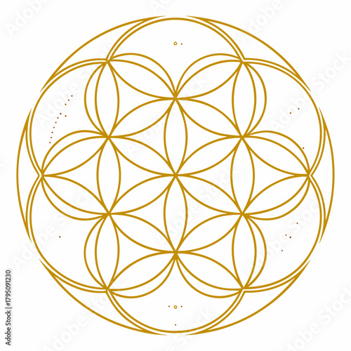 Golden vector flower of life illustration, representing sacred geometry and interconnectedness, perfect for spiritual art, design projects, and symbolic representations