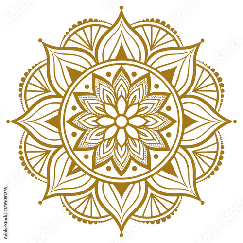 Golden mandala with intricate floral patterns, radiating elegance and spiritual harmony, a symbol of balance, unity, and inner peace