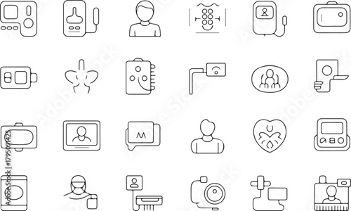 Remote patient monitoring line art icon set. Containing patient, monitoring, online, therapy, checkup and telemedicine flat black editable vector illustration