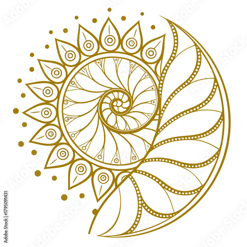 Golden ratio nautilus shell with sun fibonacci sequence concept, sacred geometry, nature inspired design vector illustration of a golden spiral